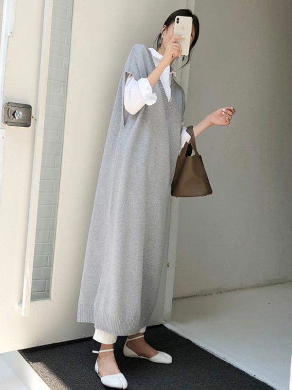 Meselling99 Knitting Loose V-Neck Sleeveless Long Dress-Maxi Dress-GRAY-FREE SIZE-Free Shipping at meselling99
