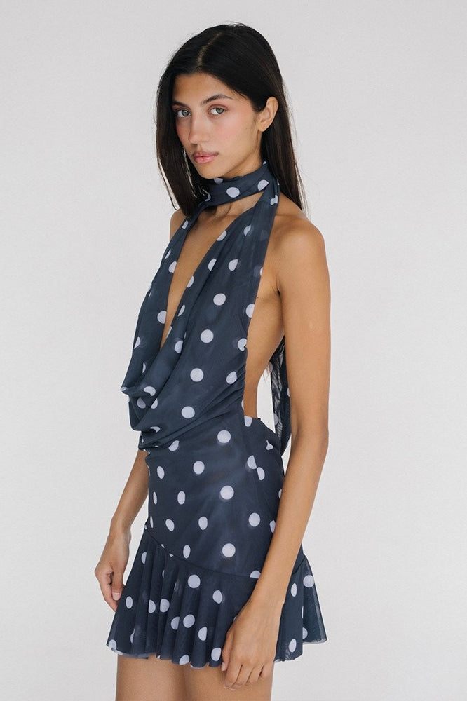 Polka Dot Halter Backless Mesh Mini Dress