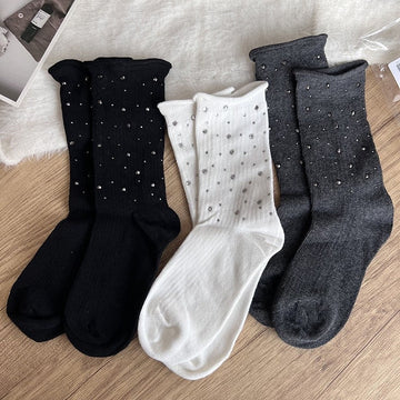 Solid Color Beaded Mid-Calf Pile Socks