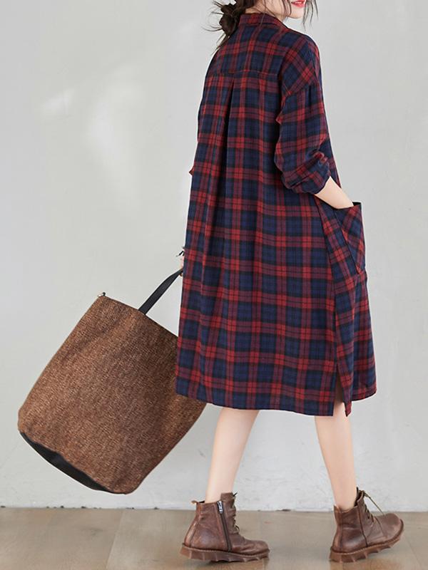 Original Plaid Lapel Shirt Dress-Midi Dress-Free Shipping at meselling99