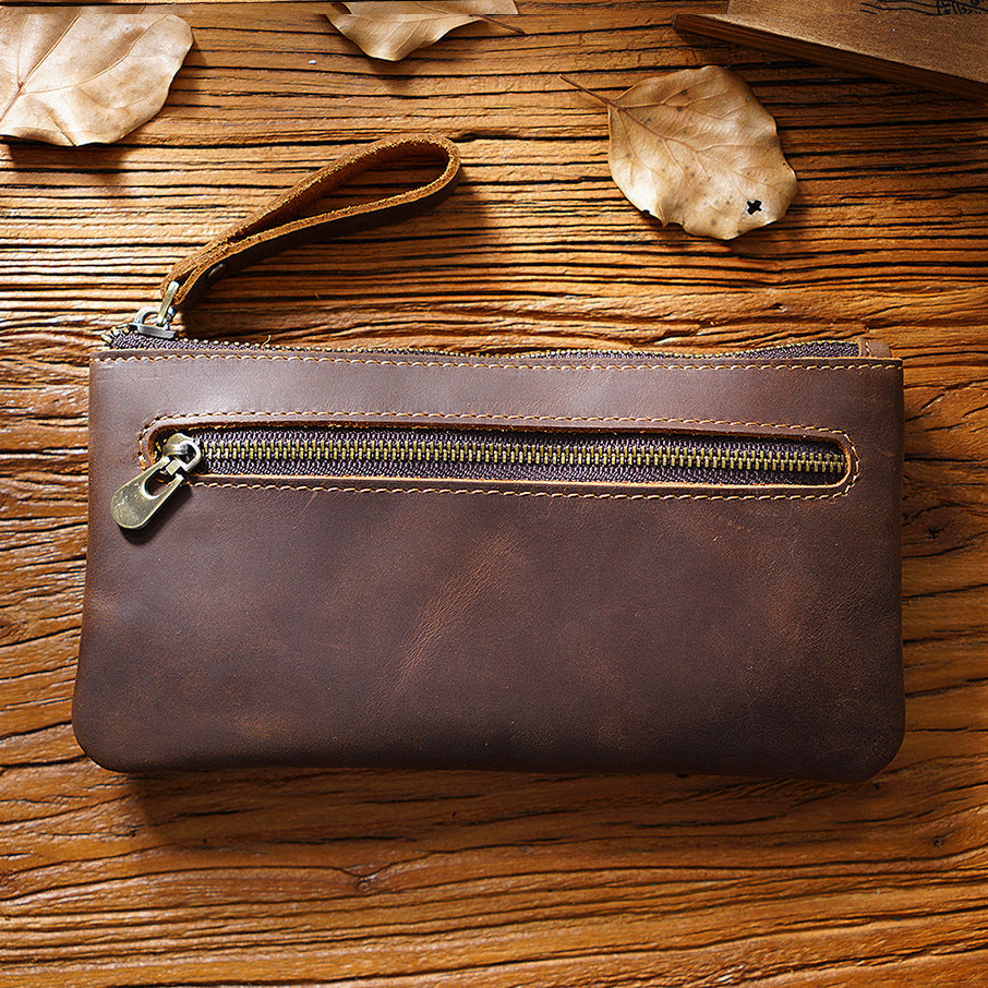 Retro Crazy Horse Leather Pencil Case - Creative Portable Hand Grip Buggy Bag