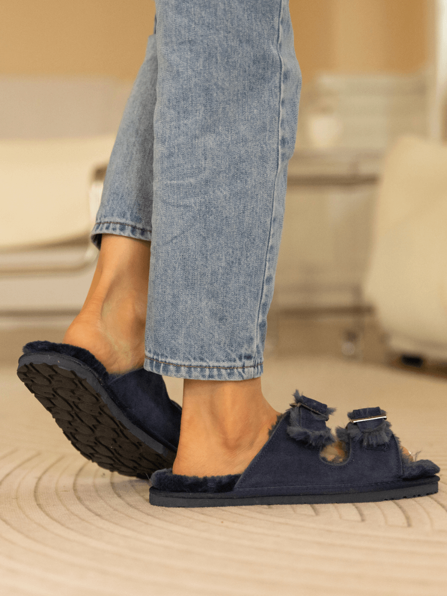 Woolen Lined Double Strap Suede Sandal - Navy