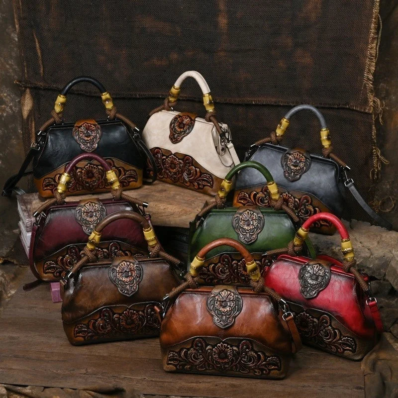 Women Leather Handmade Luxury Shoulder Handbag - Vintage Carved Ladies Bag