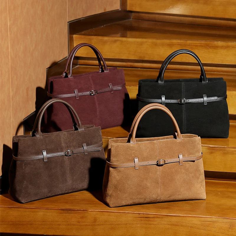 Suede Cowhide Genuine Leather Tote Handbags - Women Luxury Crossbody Bag
