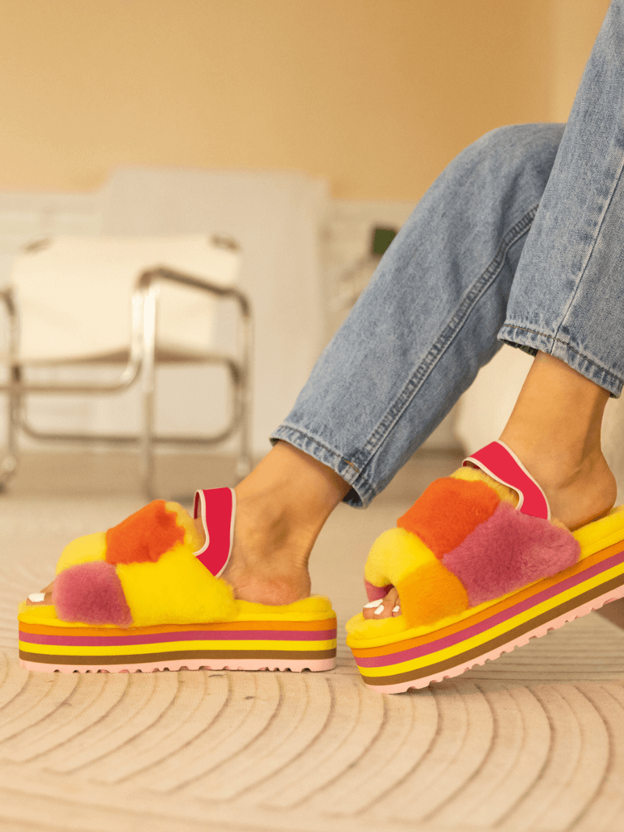 Harmony Contrast Woolen Platform Slipper - Yellow