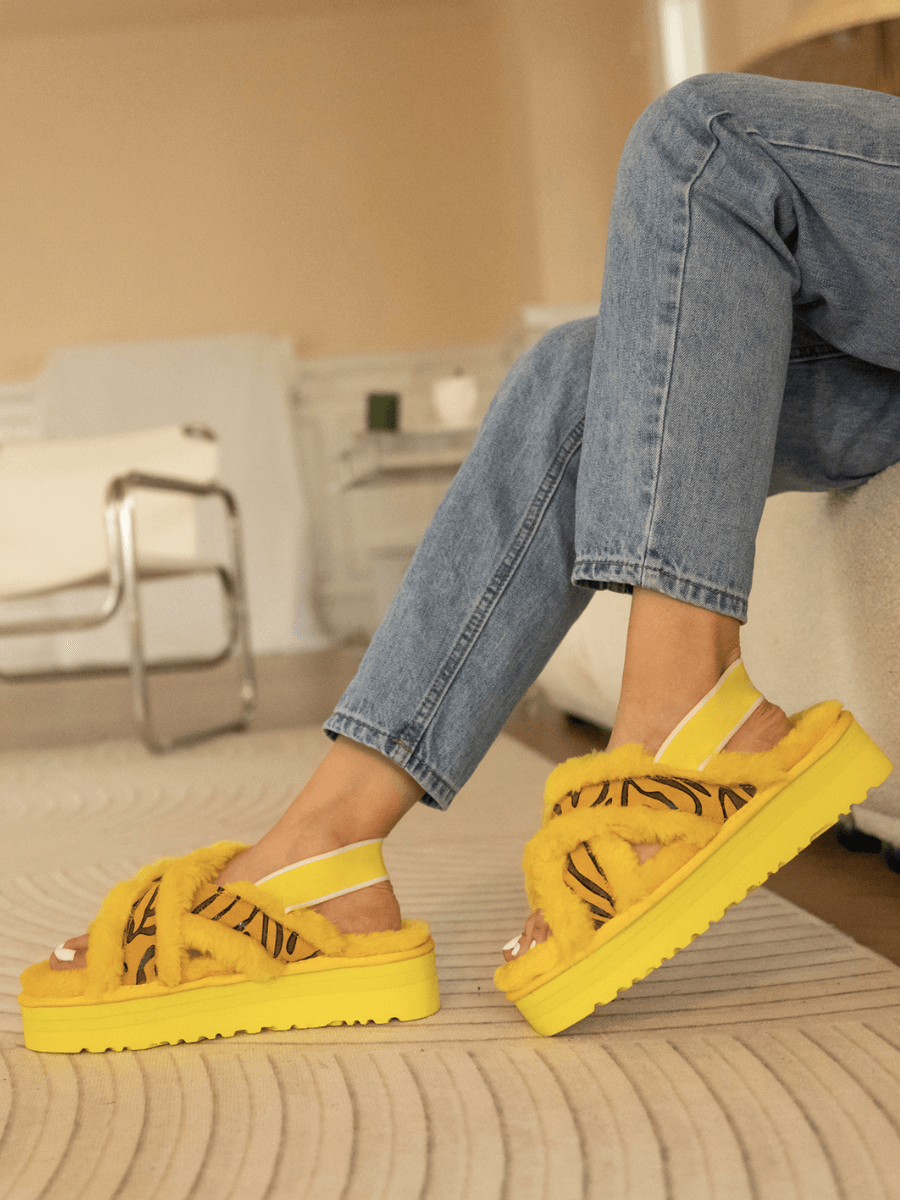 Roar Wool Lined Criss-Cross Strap Slipper - Yellow