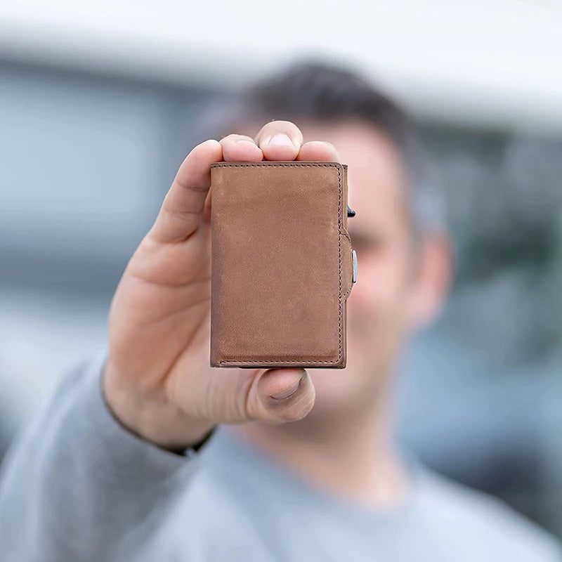 Pop-Up Leather Card Holder Wallet - Minimalist Bag Compartment For Notes