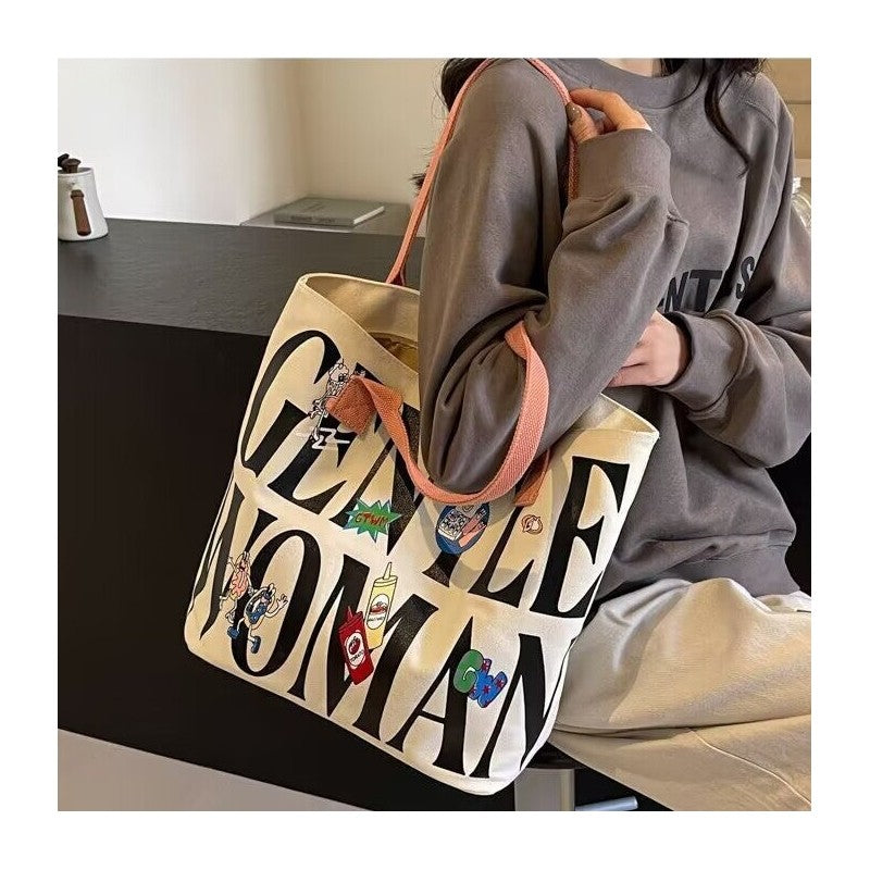 Large Capacity Canvas Shoulder Bag With Cute Cartoon Print