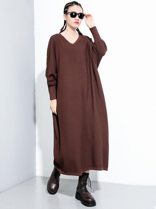 Meselling99 Original Solid V-Neck Sweater Dresses-Maxi Dress-Free Shipping at meselling99