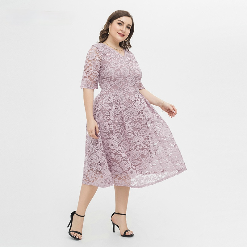 Women Plus Sizes Lace Short Sleeve Dresses-Plus Size Dresses-Free Shipping at meselling99