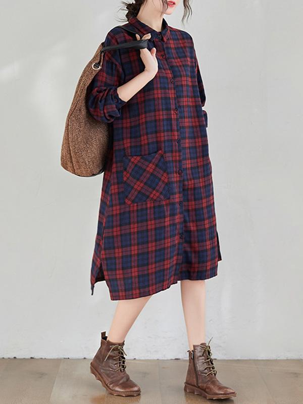 Original Plaid Lapel Shirt Dress-Midi Dress-Free Shipping at meselling99
