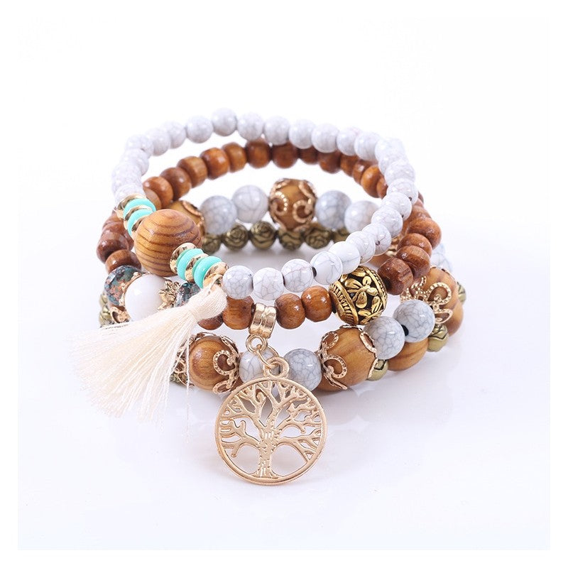 Wood Bead Tassel Bracelet Set