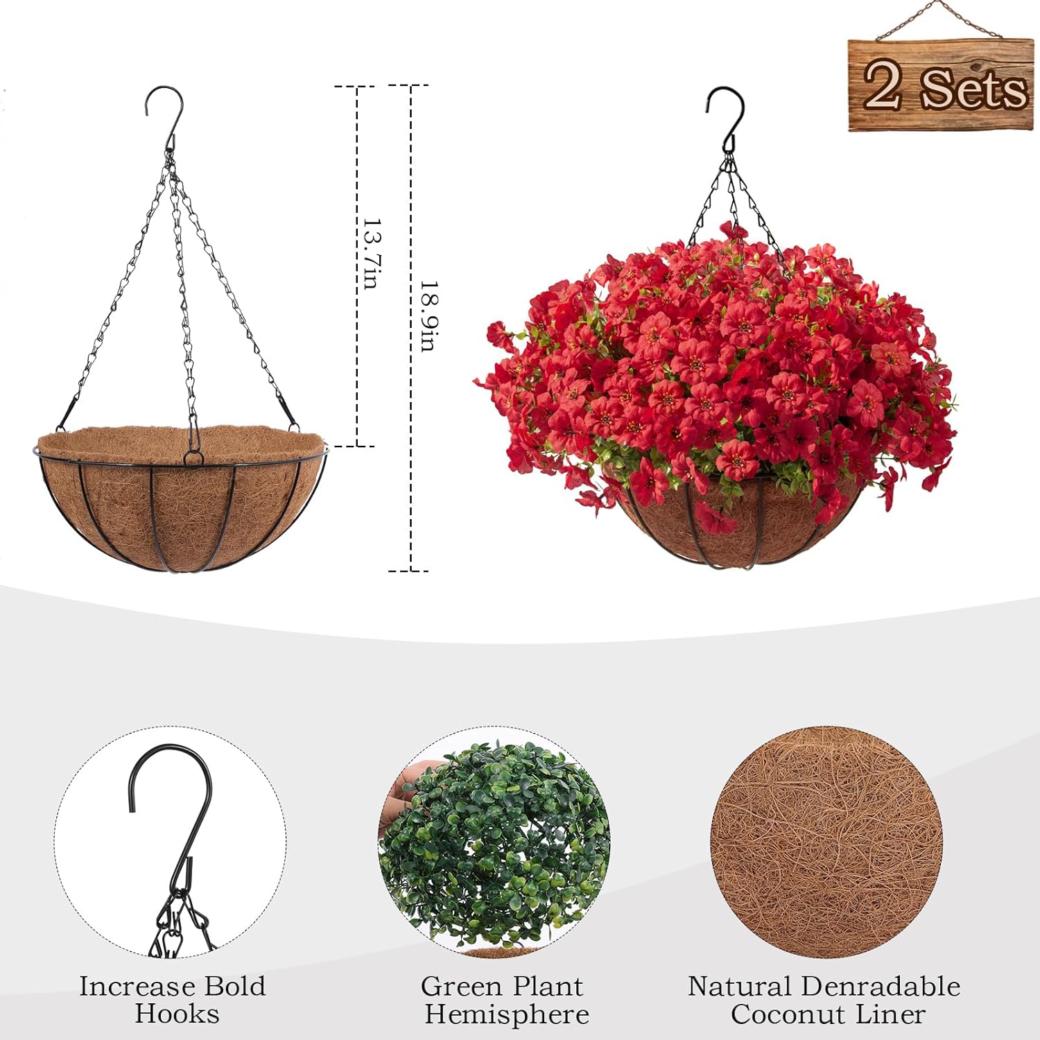 2 Pack Artificial Hanging Flowers with Baskets