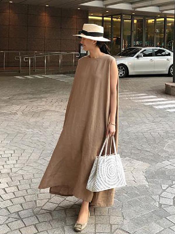 Meselling99 Simple Loose Split-side Sleeveless Long Dress-Maxi Dress-Free Shipping at meselling99