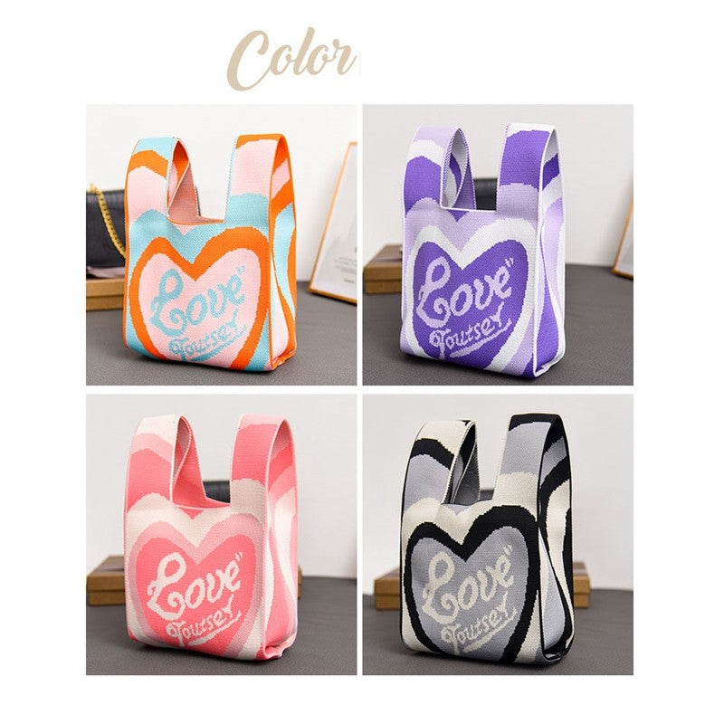 Contrast Color Heart Pattern Knitted Handbag Reusable Bag