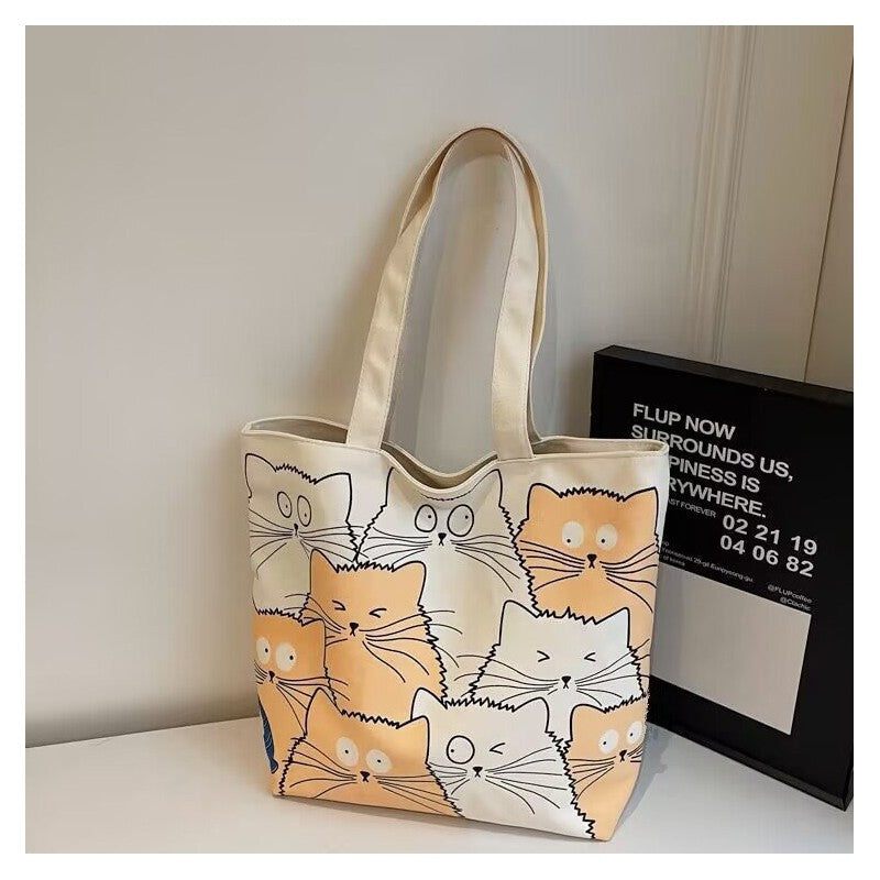Large Capacity Canvas Shoulder Bag With Cute Cartoon Print
