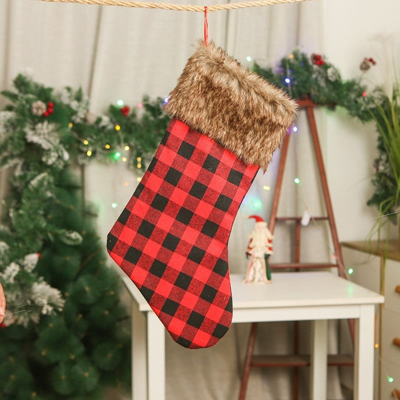 Contrast Color Plaid Brown Fur Patchwork Christmas Sock Gift Bag