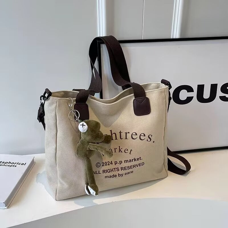 Letter Print Canvas Bag With Pendant