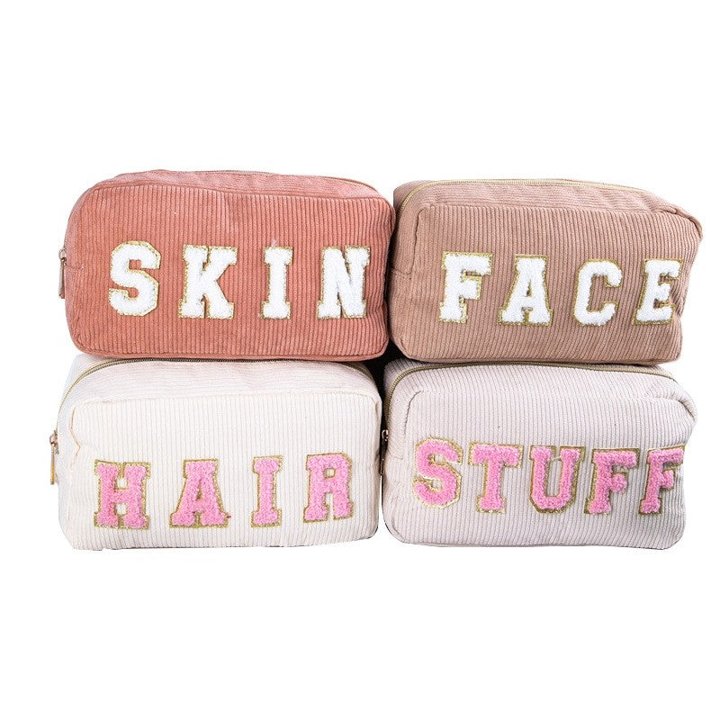 Large Capacity Corduroy Embroidered Letter Makeup Bag