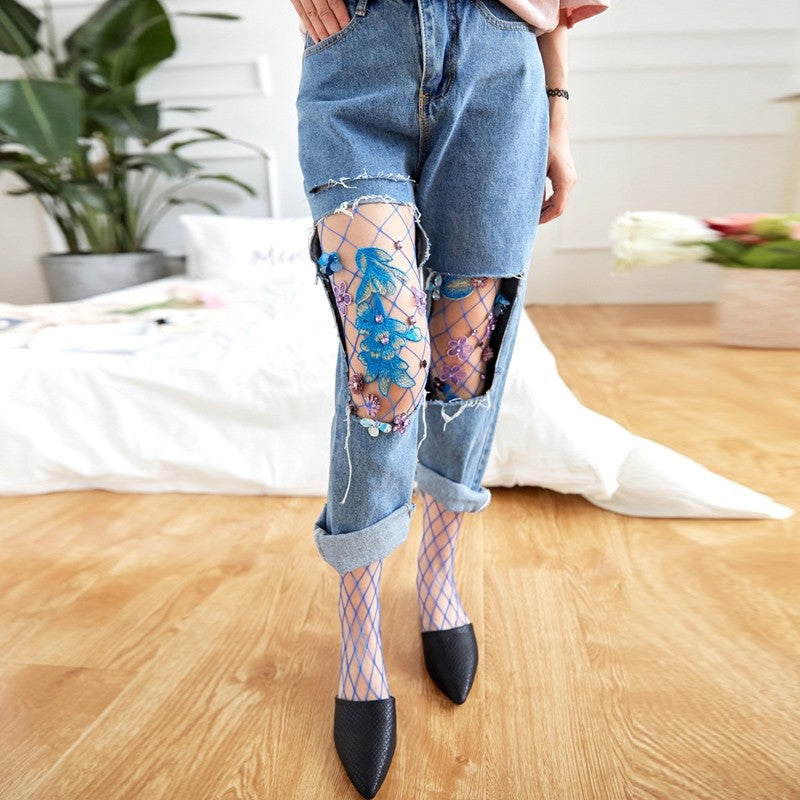 Breathable Embroidered Mesh Grid Socks