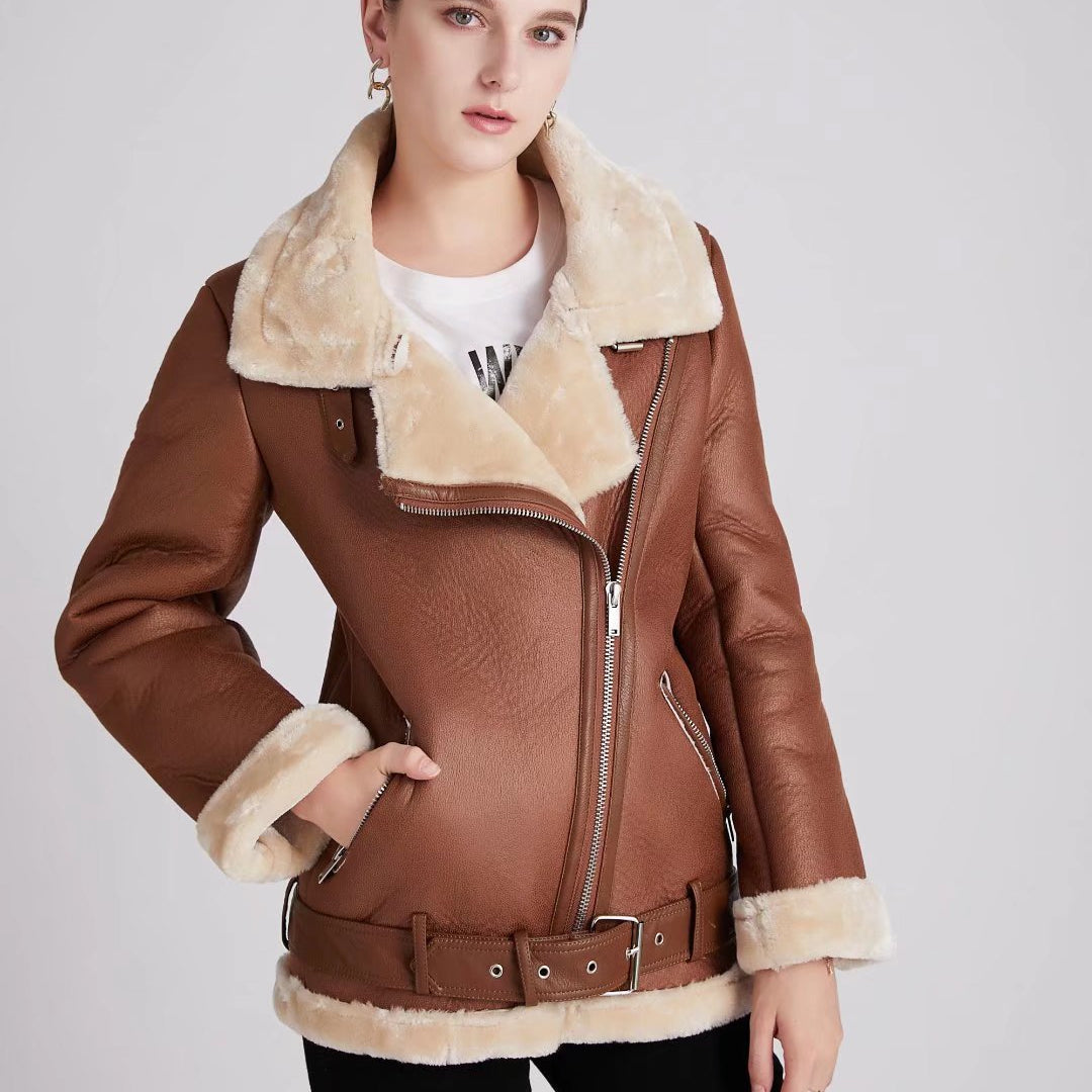 Fashion Winter Pu Leather with Fur Motorcycle Jacket Coats