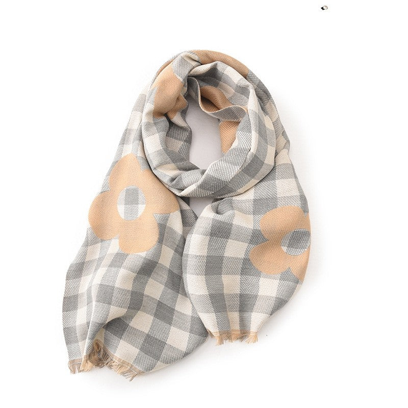 Contrast Color Plaid Flower Pattern  Imitation Cashmere Warm Shawl Scarf