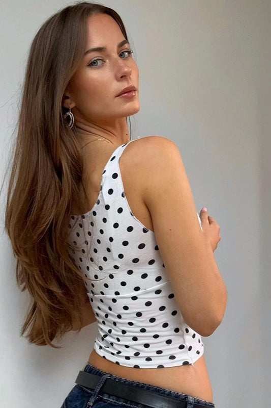Polka Dot V-Neck Tie Waist Crop Top