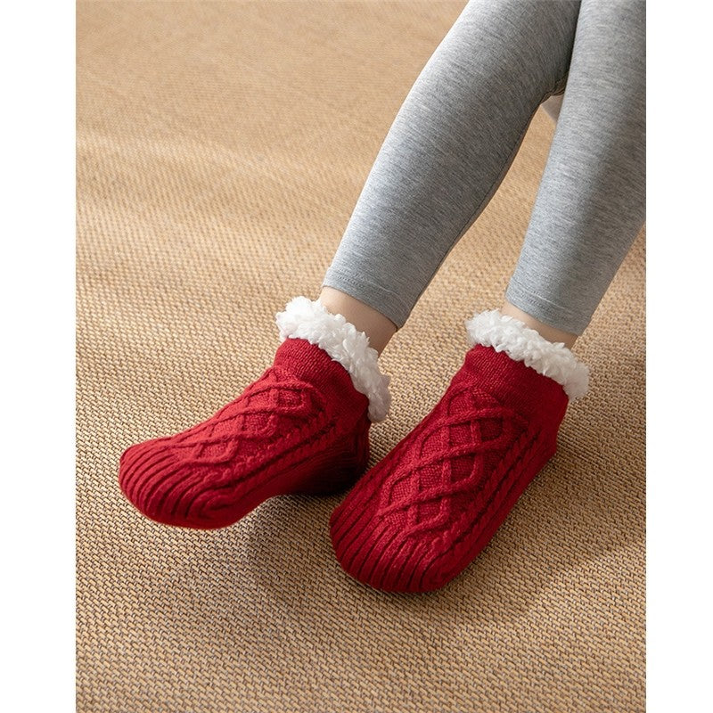 Adults Solid Color Knitted Fleece Lining Thick Warm Non-Slip Indoor Socks