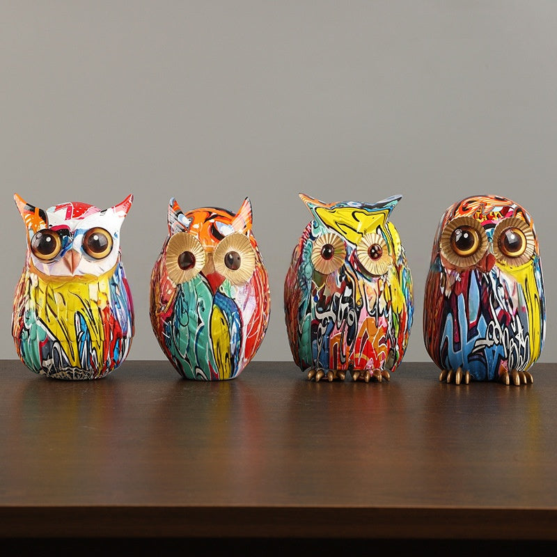 Creative Eco-Resin Graffiti Owl Statue 4pcs/ Pack