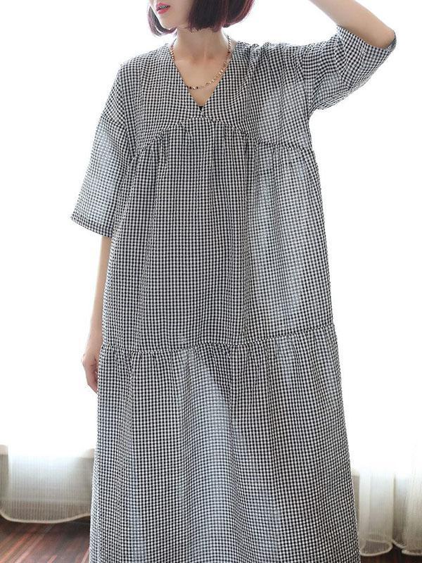 Meselling99 Original Black&White Plaid V-Neck Dress-Maxi Dress-BLACK&WHITE PLAID-FREE SIZE-Free Shipping at meselling99