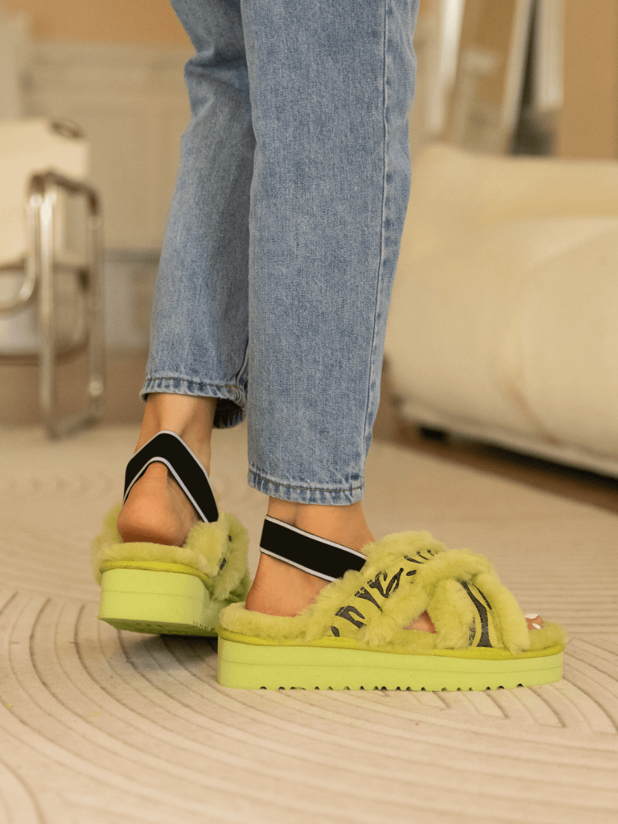SmRoar Wool Lined Criss-Cross Strap Slipper - Green