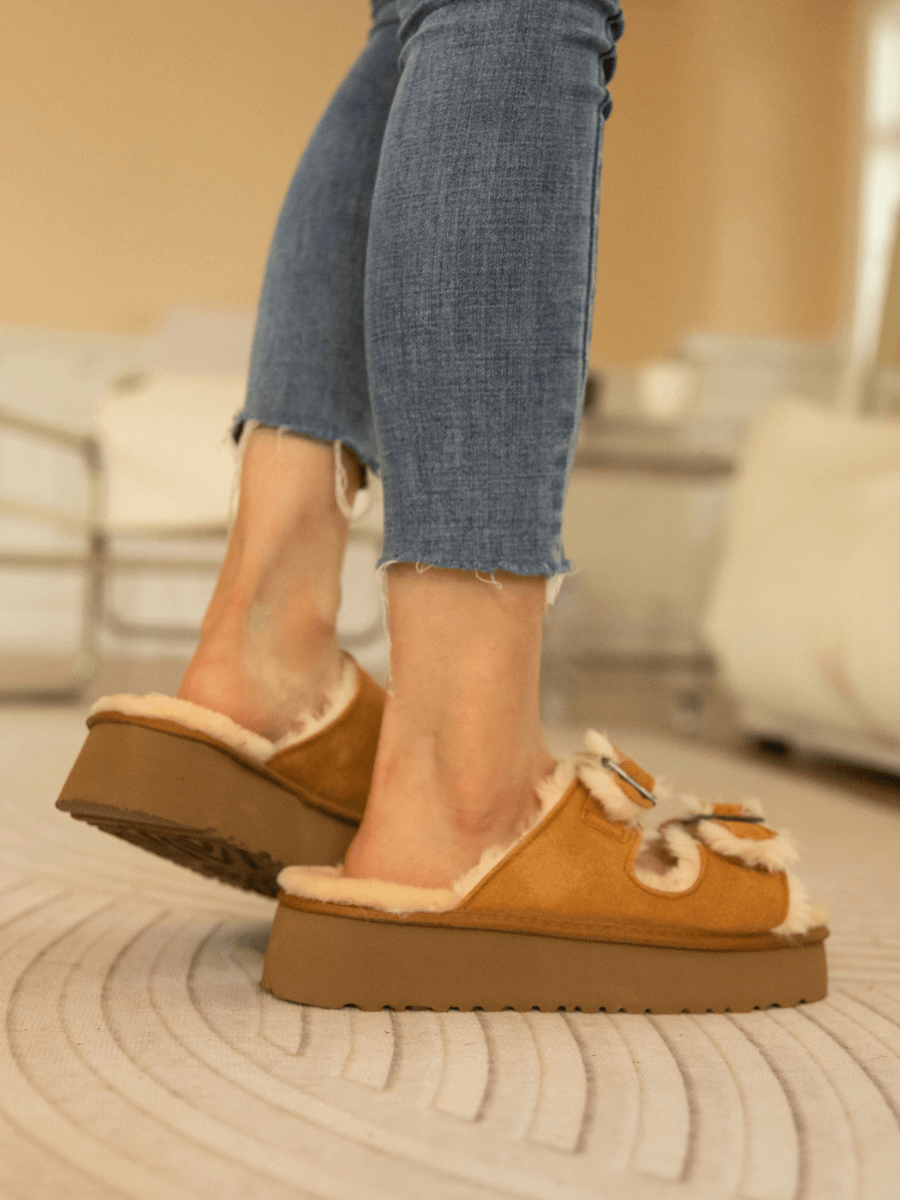 Woolen Suede Double Strap Platform Sandal - Chestnut