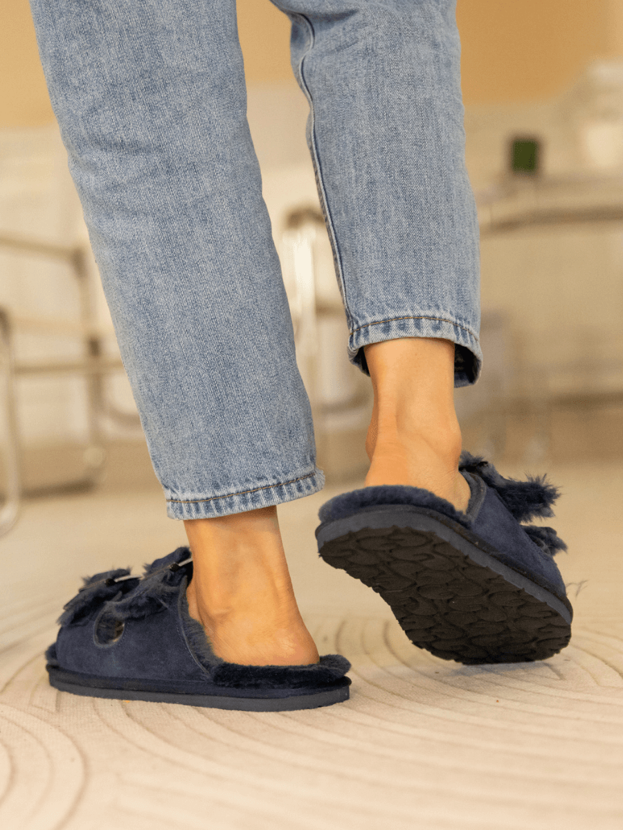 Woolen Lined Double Strap Suede Sandal - Navy