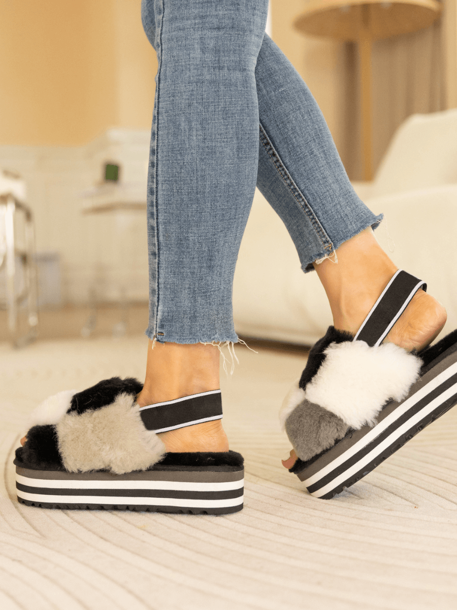 Harmony Contrast Woolen Platform Slipper - Black