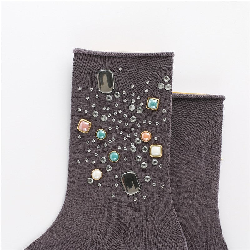 Solid Color Rhinestone Embellished Ankle Socks