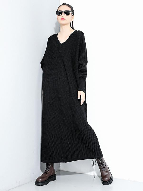 Meselling99 Original Solid V-Neck Sweater Dresses-Maxi Dress-Free Shipping at meselling99