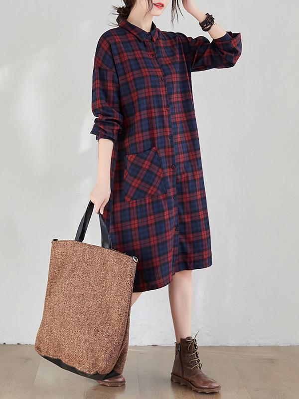 Original Plaid Lapel Shirt Dress-Midi Dress-Free Shipping at meselling99
