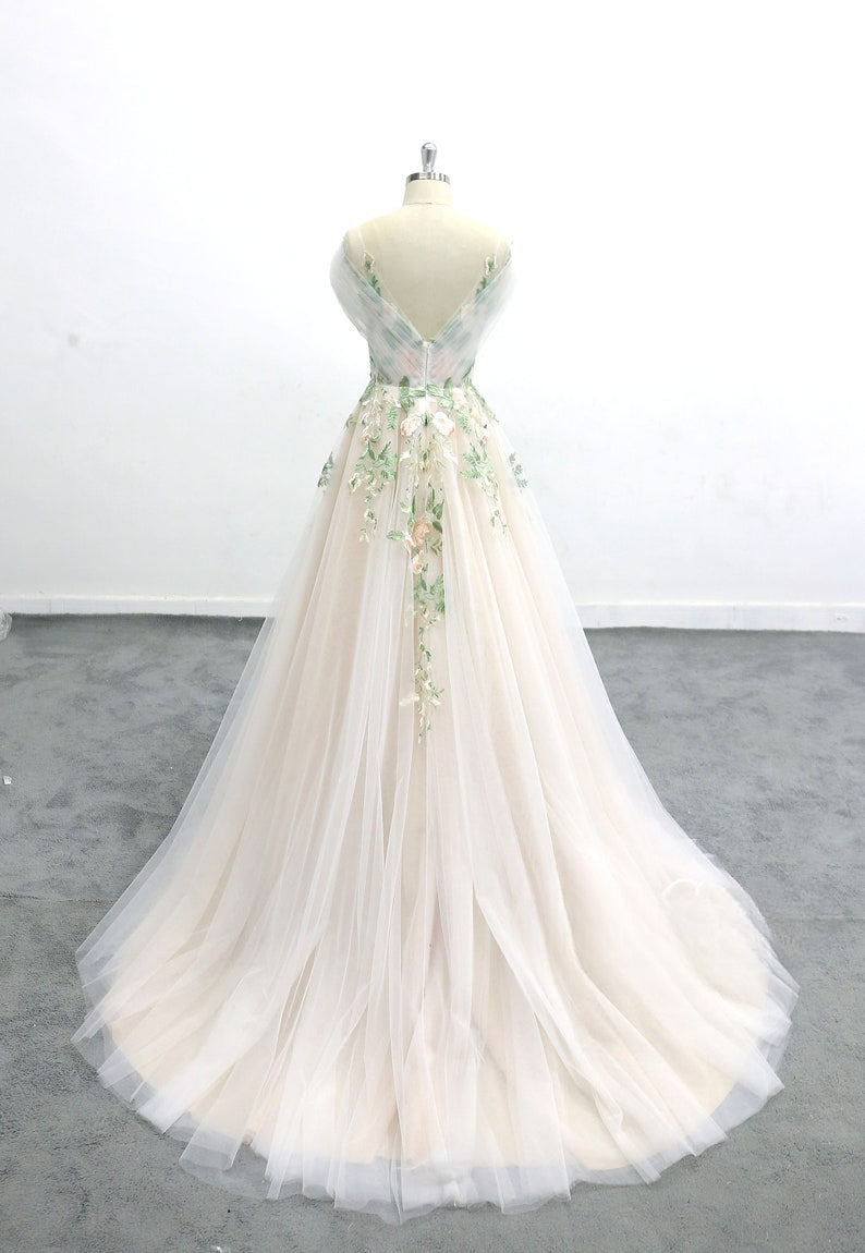 Forest Fairy Green Flower Tulle Wedding Dresses