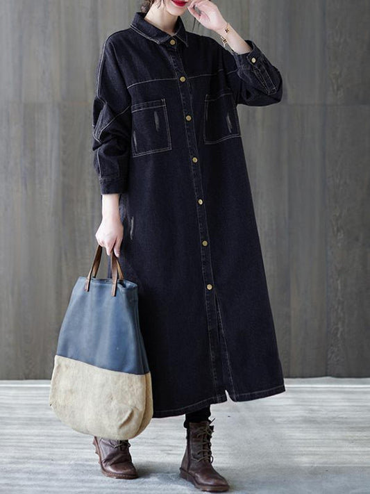 Original Denim Lapel Shirt Dress-Midi Dress-BLACK-L-Free Shipping at meselling99