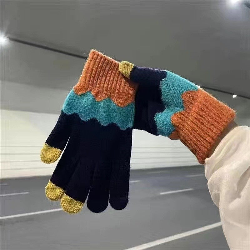 Cute Touch Screen Contrast Color Thick Knitted Five-Finger Gloves