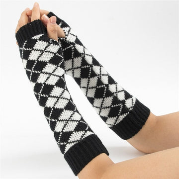 Long Color Block Rhombus Open Finger Knit Gloves
