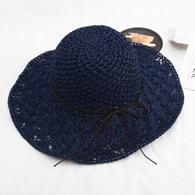 Hollow Straw Weave Wide Brim Sun Hat With Adjustable Strap