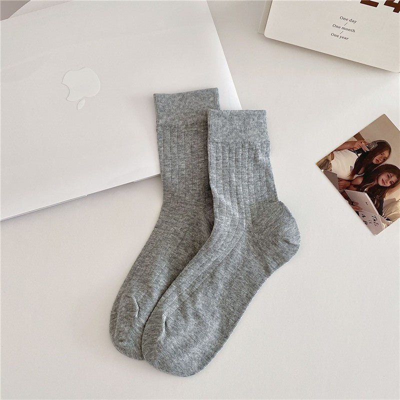 Solid Color Versatile Vertical Striped Thin Mid-Calf Socks