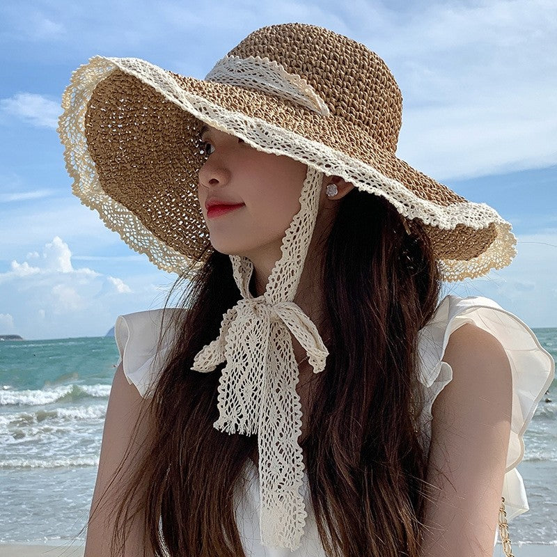 Lace Tie Wide Brim Sun Hat With Straw Braids