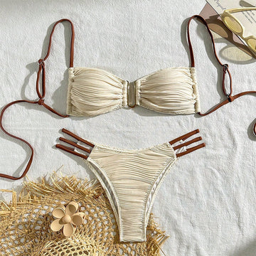 Bikini Swimsuit For Women, Two-Piece With Color Block And Ties