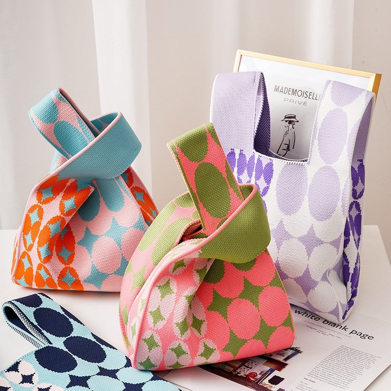 Contrast Color Knitted Handbag Reusable Bag