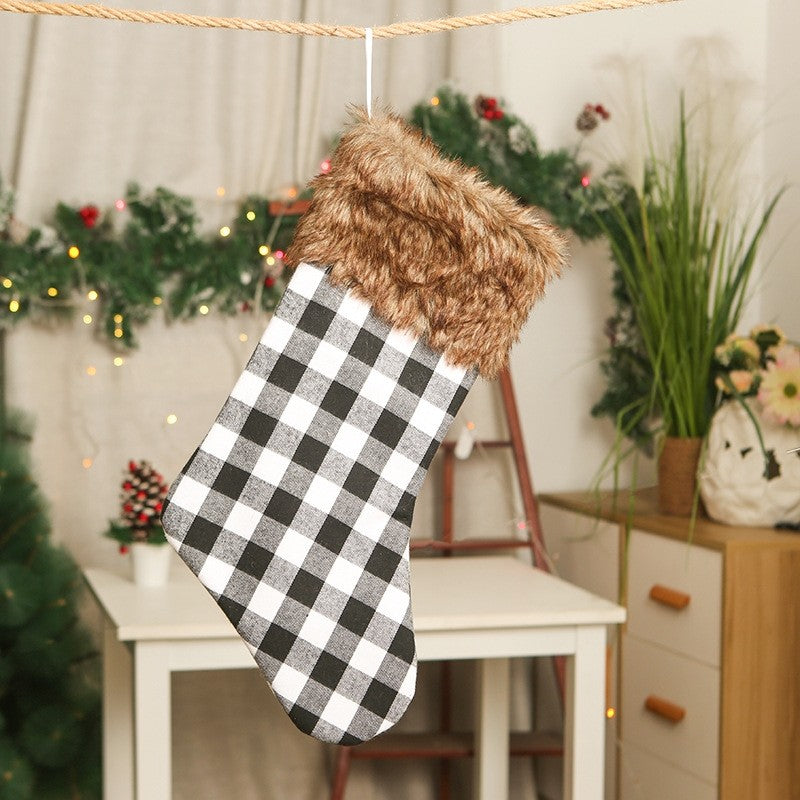 Contrast Color Plaid Brown Fur Patchwork Christmas Sock Gift Bag