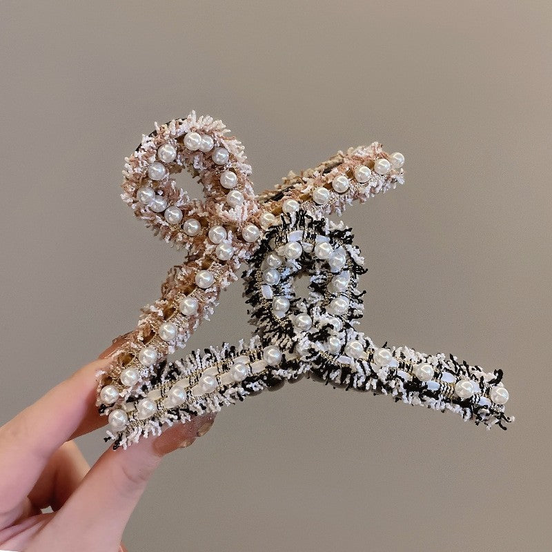 Elegant Tweed Pearl Hair Claw Clip