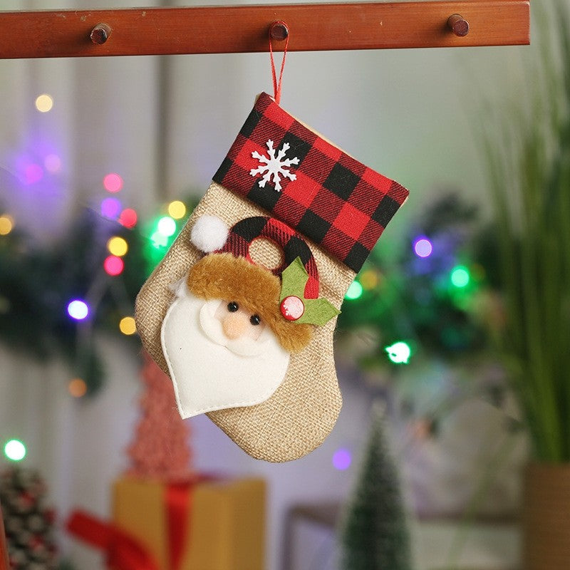 Red Black Plaid Ramie Cotton Patchwork Cute Cartoon Christmas Socks Gift Bag