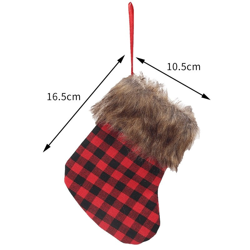 Contrast Color Plaid Plush Small Christmas Sock Gift Bag